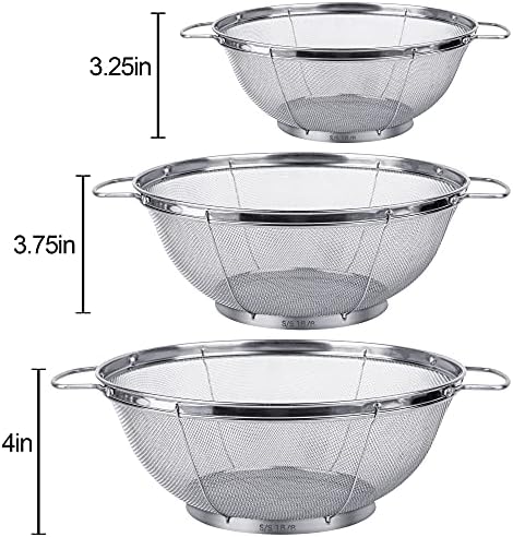 6 Pack 18/8 Stainless Steel Colander Sieves(5-Quart, 4-Quart and 3-Quart), Mesh Strainer Net Baskets with Handles & Resting Base for Strain, Drain, Rinse or Steam