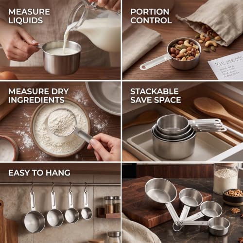 4PCS Stainless Steel Measuring Cups, Stackable Measuring Cup Set