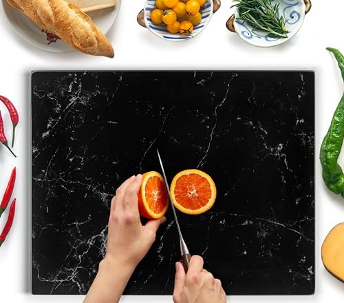 Kitchenville Glass Cutting Board 20”x16”: Tempered Glass Kitchen Counter Protector - Durable- Scratch-Resistant, Heat-Proof - Design 1 - Black Marble Effect