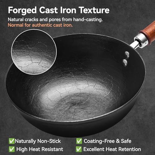 WANGYUANJI 9.5 Inch Small Cast Iron Wok with Lid - Handcrafted Tortoise Shell Texture Uncoated Stir Fry Pan, Flat Bottom Wok for Electric, Induction & Gas Stoves, 2.5 Quart (Requires Seasoning)