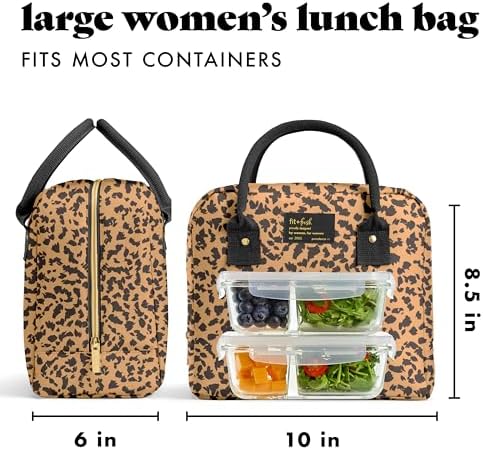 Fit & Fresh Bloomington Lunch Bag for Women - Insulated Large Lunch Box for Work with Containers, Leak-Resistant, Stain-Resistant, Zipper Closure, Cheetah