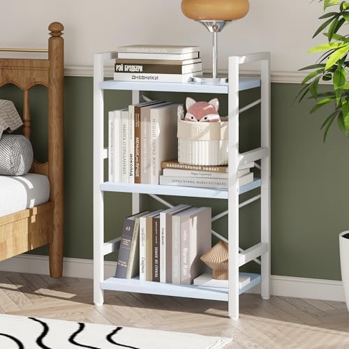 Homeiju Bookshelf, 3 Tier Industrial Bookcase, Metal Small Bookcase, Rustic Etagere Book Shelf Storage Organizer for Living Room, Bedroom, and Home Office(Blue) Patent Pending D29873033