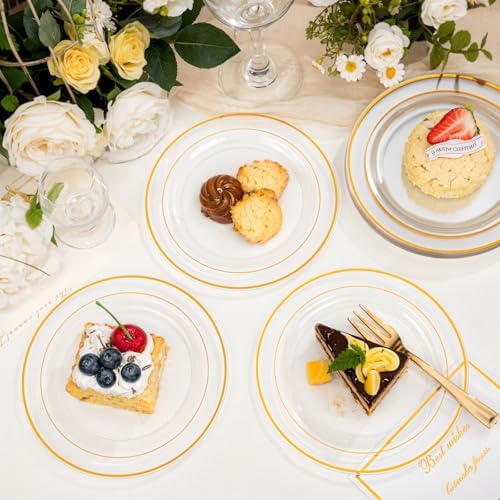bUCLA 100 Pieces Clear Gold Plastic Plates Disposable - 6.25 Inch Clear Plastic Dessert Plates with Gold Trim for Party, Wedding & Thanksgiving
