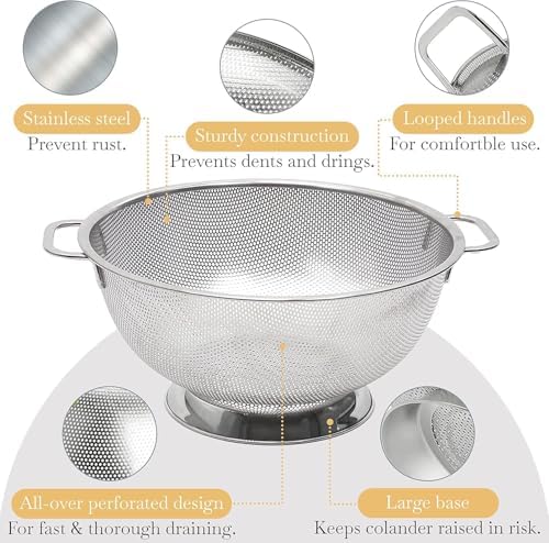 Bellemain Colander for Kitchen – 5 Qt Stainless Steel Strainer with Handle - Pasta Strainer Bowl for Pasta, Spaghetti, Vegetables, Fruit, and Pot Draining - Stainless Steel Colander (Pack of 2)