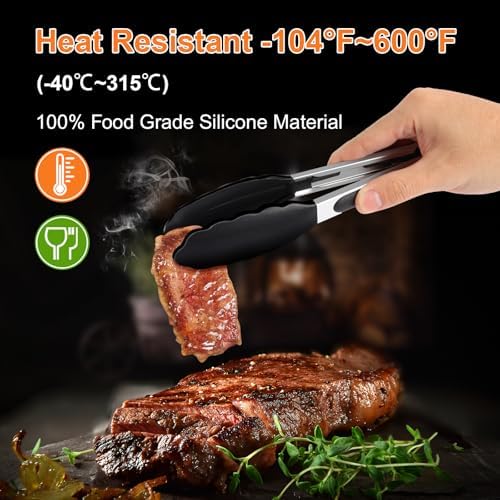 2 Pack Black Premium Stainless Steel Heat Resistant Kitchen Tongs for cooking,set of 9" and 12",Non Scratch Silicone cooking Tong Tip for Cooking Pans,Strong Grip BBQ tongs for Grabbing Hot Food