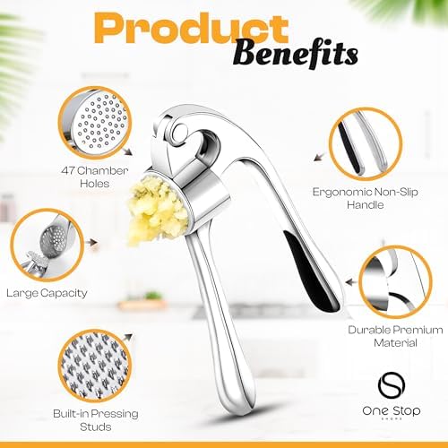 Garlic Press & Mincer 3 Piece Set - Garlic Twister Crusher, Chrome Finish, Silicone Peeler & Cleaning Brush, Ergonomic Handle, Dishwasher Safe