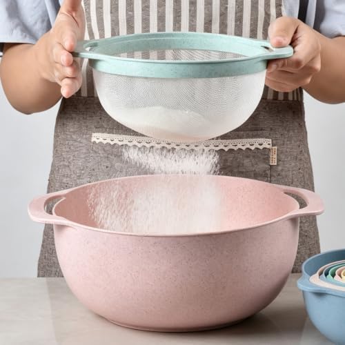 Mixing Bowls, Nesting Baking Bowls with Colander & Fine Mesh (Wheat-10PCS)