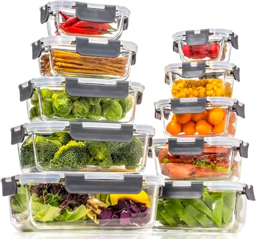 coccot Glass Food Storage Containers with Lids Airtight, Glass Meal Prep Containers for Lunch Food, Container Set, Easy to Open& Close/Microwave,Oven,Freezer,Dishwasher Safe/Leak-Proof（20 Pieces）