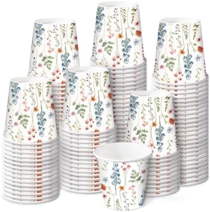 RUSPEPA 3oz Wildflower Paper Cups, 100 Pack Wild Flower Design Disposable Small Party Cup for Bathroom, Mouthwash, Espresso, Wedding, Bridal Shower, Baby Shower, Mother's Day, Garden Party Supplies