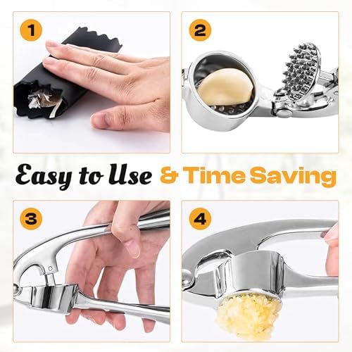 Garlic Press & Mincer 3 Piece Set - Garlic Twister Crusher, Chrome Finish, Silicone Peeler & Cleaning Brush, Ergonomic Handle, Dishwasher Safe