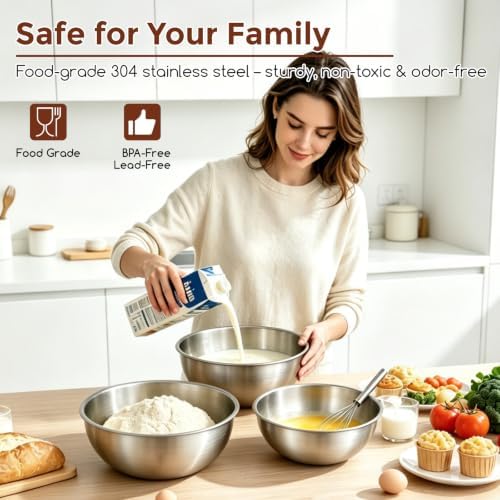 Gronivex Stainless Steel Mixing Bowls Set, 3-Piece (1.5, 2.2 & 3.4 Qt)