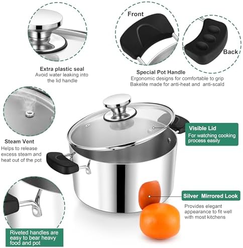 P&P CHEF 6 Qt Pot with Lid, Transparent Glass, Tri-ply Stainless Steel