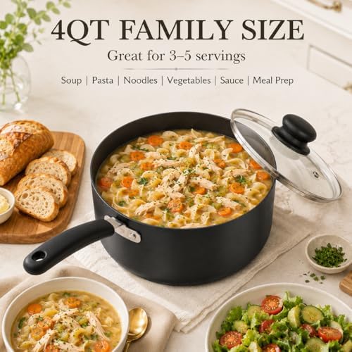 MICHELANGELO Nonstick Saucepan with Lid, Ceramic Sauce Pan Sets, Easy to Clean Sauce Pans, Multi-Purpose Cooking Pots, 4QT, Black