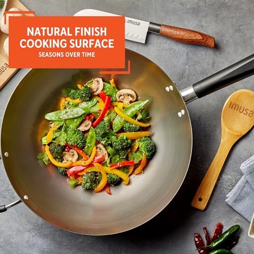 IMUSA USA Natural Wok with Triangle Handle 14-Inch, Silver