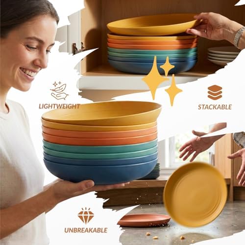 Homienly Deep Dinner Plates Set of 8 Alternative for Plastic Plates Microwave and Dishwasher Safe Wheat Straw Plates for Kitchen Unbreakable Salad Plate with 4 Colors (Colorful, 11 inch)