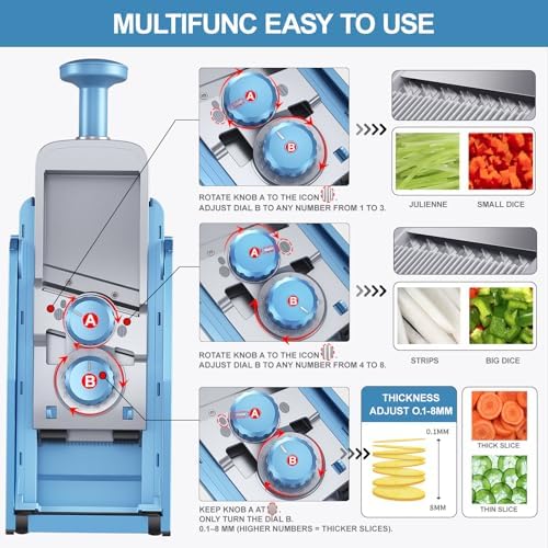 SupMaKin Upgrade Safe Mandoline Slicer,Multi Vegetable Chopper,Potato Slicer, Onion Chopper with Drain Basket Storage Container, Cheese Grater Kitchen Chopping Artifact (BlueGray)