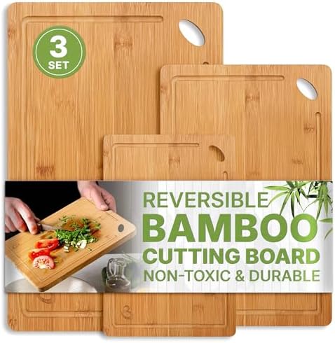 Wood Cutting Boards Set of 3 – Non-Toxic Bamboo Chopping Boards for Kitchen with Deep Juice Grooves – Durable, Eco-Friendly Wooden Serving Boards for Meat, Vegetables & Fruit