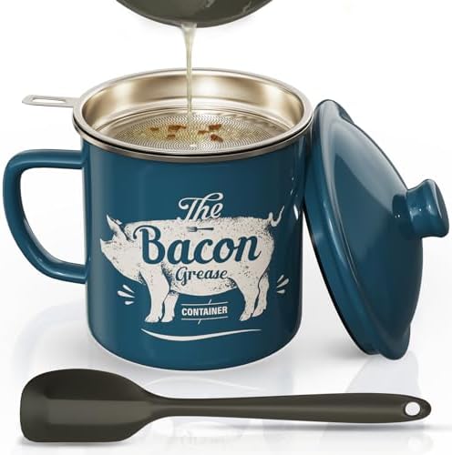 PGYARD Bacon Grease Container with Strainer-46OZ Enamel Keeper with Spatula