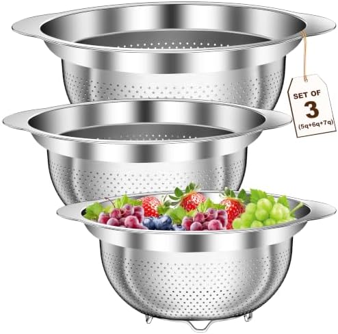 Large Strainers and Colanders, Big Stainless Steel Colanders for Kitchen, Stainless Steel Strainer Set of 3 (7 QT, 6 QT, 5 QT) for Draing Pasta Spaghetti Fruit Vegetable