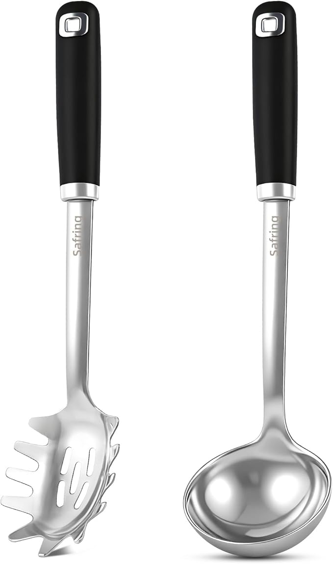 Stainless Steel Soup Ladle and Spaghetti Spoon Set, Heat Resistant Rubber Handle, Dishwasher Safe, Kitchen Utensils for Cooking, Stirring, Serving Pasta, Soup & Sauce (black)