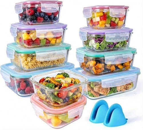 20 Pc Glass Food Storage Containers with Snap Lock Lids, Airtight & Leakproof, Bonus 2 Oven Silicone Gloves, Safe for Dishwasher, Oven, Microwave,Freezer, BPA Free