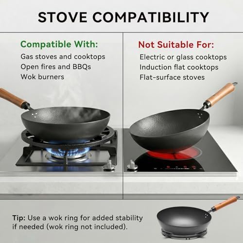 WANGYUANJI Carbon Steel Wok Pan 11 Inch - Round Bottom Traditional Pow Wok (Requires Gas Stove & Wok Ring) - No Coating Hand Hammered Stir Fry Pan with Lid & Detachable Handle