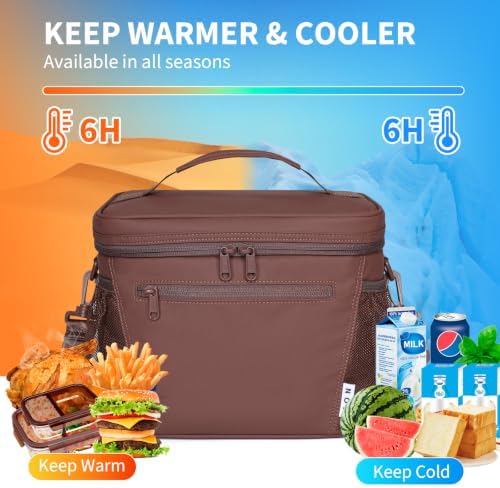 NOL Insulated Lunch Bag for Women Men Adults, Reusable Lunch Tote with Adjustable Shoulder Strap, Leakproof Thermal Food Cooler Bag with Front Pocket and Side Mesh Pockets for Work Travel, Coffee