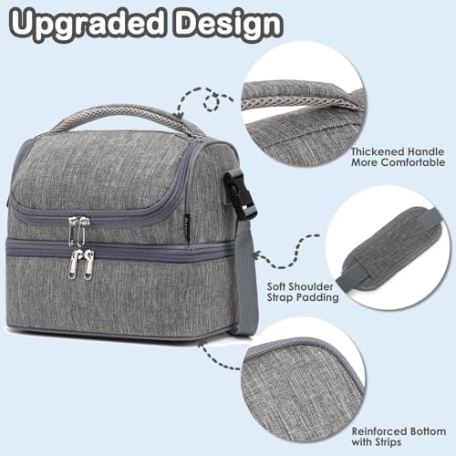FlowFly Double Decker Cooler Insulated Lunch Bag Large Tote for Boys, Girls, Men, Women, With Adjustable Strap (Grey)