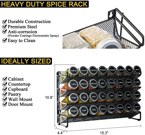 SpaceAid Spice Rack Organizer with 32 Spice Jars, 386 Spice Labels, Chalk Marker and Funnel Set for Cabinet, Countertop, Pantry, Cupboard or Door & Wall Mount - 32 Jars, 15.3" W × 10.8" H, Black