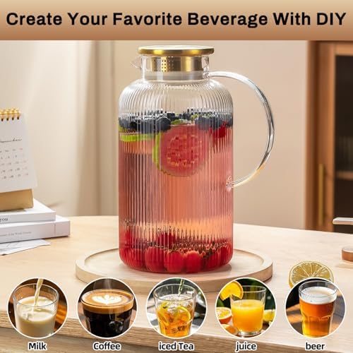 Buaic 2 PACK Glass Pitcher with Lid, 100 oz/ 3L Glass Water Pitcher