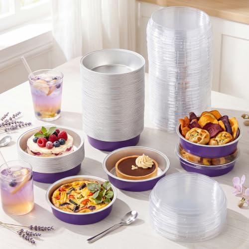 Yinder 120 Pcs 8 oz Disposable Creme Brulee Ramekins with Lids, 4 Inch Mini Pie Tins Aluminum Foil Pie Tart Cake Baking Pans Individual Round Containers Oven Safe(Purple)