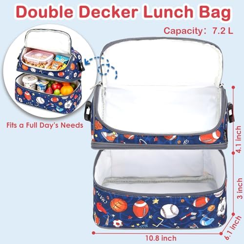 FlowFly Double Decker Cooler Insulated Lunch Bag Large Tote for Boys, Girls, Men, Women, With Adjustable Strap, Football