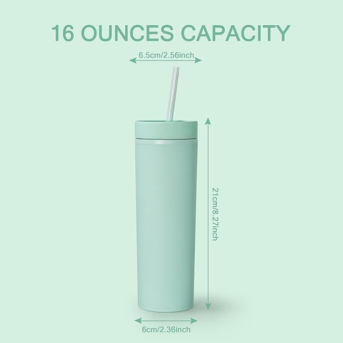 sweet grain Skinny Tumblers with Lids and Straws(6 Pack) - 16oz Matte Pastel Colored Skinny Acrylic Tumblers, Double Wall Plastic Tall Skinny Tumblers Bulk for Cold Hot Drinks - Mint Green