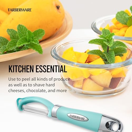 Farberware Vegetable Peeler, Pro2 Euro Peeler with Sharp Stainless Steel Swivel Blade and Ergonomic Handle, Dishwasher Safe, Aqua Sky