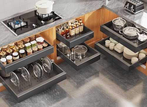 Seinloes 6Pack Expandable Pull Out Cabinet Organizer 21"Deep with Raising Pad for Framed Cabinets,Slide Out Drawers with 4pcs Divider Racks,Roll Out Shelves Adhesive,Adjustable Width 12.05"-20.4"Black