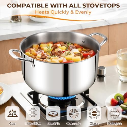 Tri-Ply Stainless Steel Stock Pot, 20 Quart Heavy Duty Induction Cooking Pot with Visible Lid for Pasta, Soup, Spaghetti, Sturdy & Double Handle, Dishwasher Safe