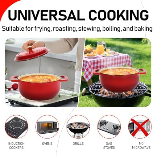 Bonnlo 5QT Round Dutch Oven, Enameled Cast Iron Dutch Oven Pot with Lid & Dual Handles, Oven Safe Up to 500° F, for Sourdough, Bread Baking, Stews and Roasting, Red