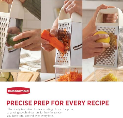 Rubbermaid EZ Grip Box Grater, Stainless Steel Cheese Grater & Container - BPA Free Multi-Surface Cheese Shredder & Food Grater Coconut Milk | Graters for Kitchen -Non-Slip Base, Dishwasher Safe