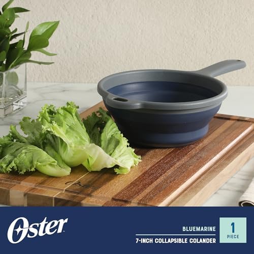 Oster Bluemarine Foldable Handled Strainer – 7-Inch Collapsible Colander for Pasta, Veggies, Fruits, Compact Kitchen Tool, Dishwasher Safe, Blue/Grey