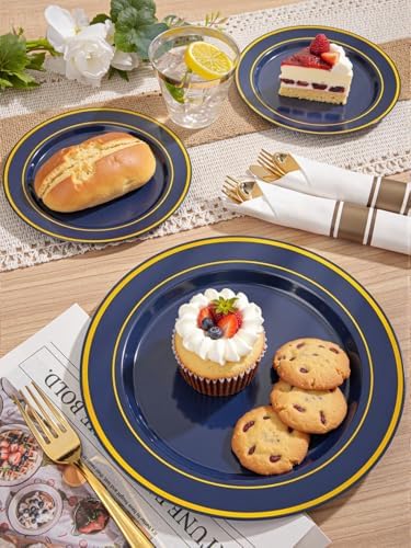 WDF Partyware 350PCS Navy Blue and Gold Plastic Plates with Rolled Napkins Include Dinner Plate 10’’, Dessert Plate 7’’, gold Cups 9 OZ, Pre Rolled Napkins for Birthday/Wedding/Party