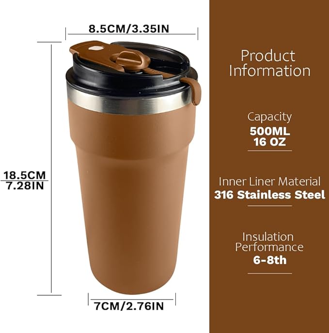 Travel Coffee Mugs Leak-Proof, Reusable Coffee Cups with Lids, Stainless Steel Vacuum Insulated Coffee Tumblers, Thermal Insulation Cups for Men and Women Hot & Cold Drinks(4th-Brown, 16OZ)