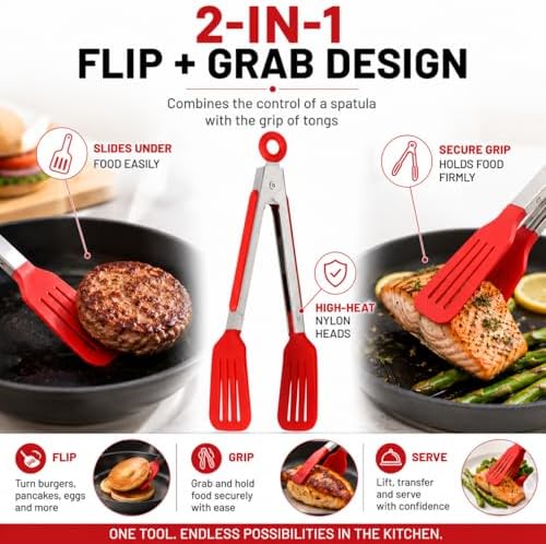 HIC Kitchen Slotted Flipper Tongs, Heat-Safe, Stainless Steel with BPA-Free Nylon, Set of 2