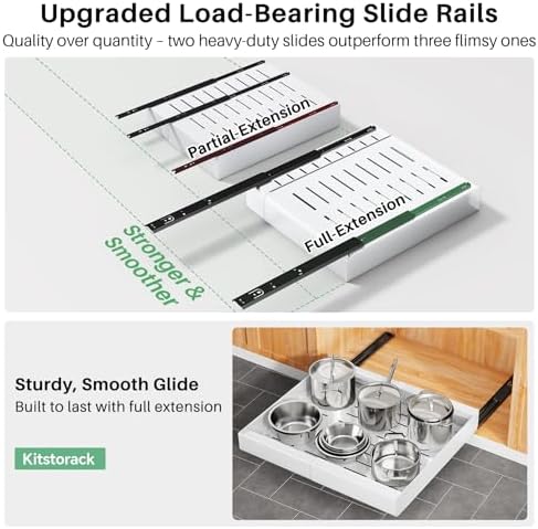 Pull out Cabinet Organizer, 4-pack, Expandable(12"-20") Heavy Duty Slide out Drawers Fixed with Adhesive Nano Film for Pots, Roll out Shelf Storage for Kitchen Base Cabinet Organization(3 Rails)