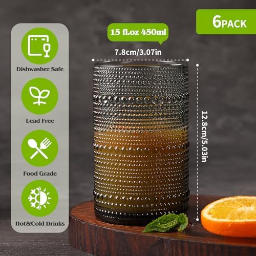 Moretoes 15oz Gray Hobnail Drinking Glasses Set of 6