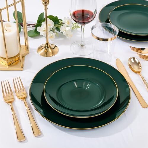 Nervure 100PCS Green and Gold Plastic Plates 10.25″ Disposable Dinner Plate