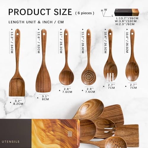 Wooden Spoons for Cooking, 6-Piece Acacia Wood Cooking Utensil Set