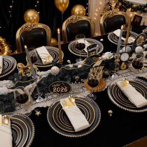 WDF Partyware 175PCS Black and Gold Plates - Black Disposable Plates for Party - 25Guests Disposable Dinnerware Set for Wedding/Party/Birthday/Halloween