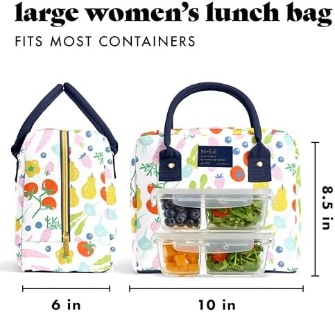 Fit & Fresh Bloomington Lunch Bag for Women - Insulated Large Lunch Box for Work with Containers, Leak-Resistant, Stain-Resistant, Zipper Closure, Fruit Print