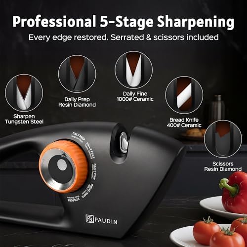 PAUDIN Knife Sharpener, 5-Stage Manual Sharpening for Kitchen Knives