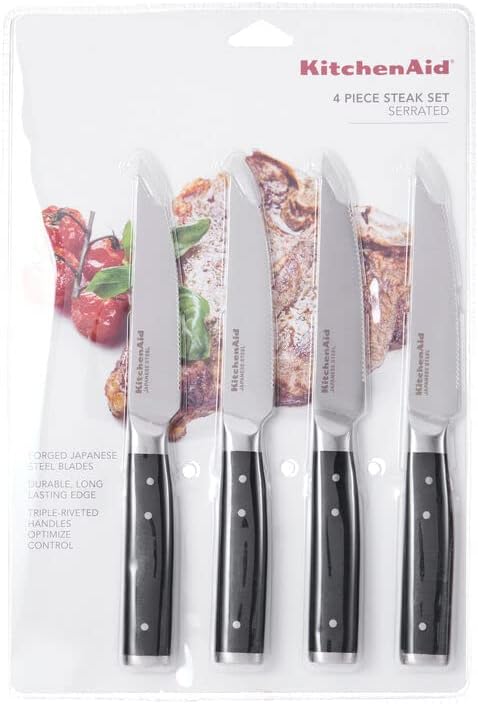 KitchenAid Gourmet 4 Piece Forged Triple Rivet Steak Knife Set, High Carbon Japanese Steel, Sharp Kitchen Knife Set, 4.5 inch, Black